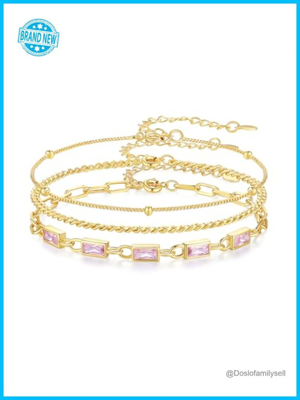 18K Gold Plated 3-Piece Birthstone Bracelet Set Dainty Stackable Link Paperclip